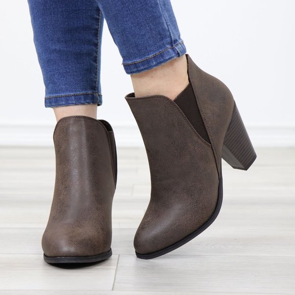 Chelsea Cone High Heel Ankle Boots Brown Synthetic Leather Pointed Toe - Picture 11 of 14